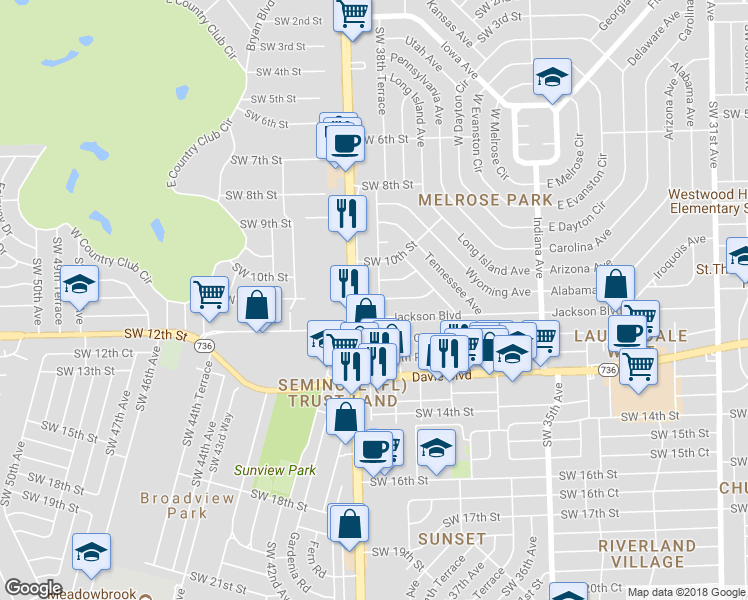 map of restaurants, bars, coffee shops, grocery stores, and more near 1101 Southwest 39th Avenue in Fort Lauderdale