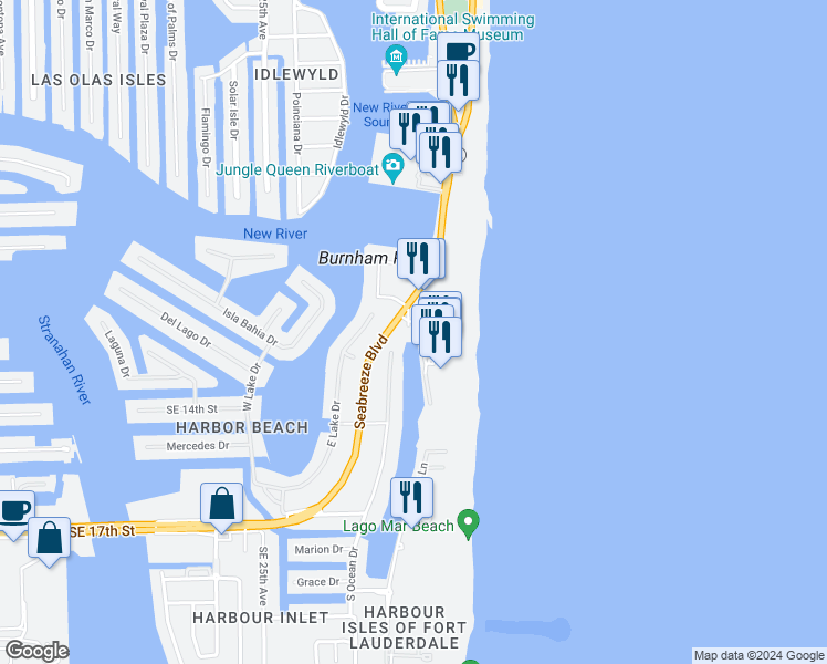 map of restaurants, bars, coffee shops, grocery stores, and more near 1214 Seabreeze Boulevard in Fort Lauderdale