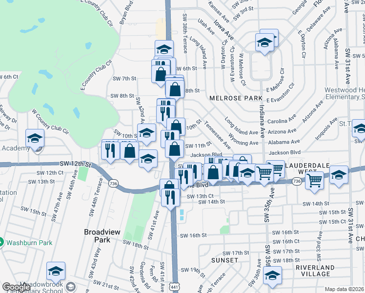 map of restaurants, bars, coffee shops, grocery stores, and more near 1101 Southwest 39th Avenue in Fort Lauderdale