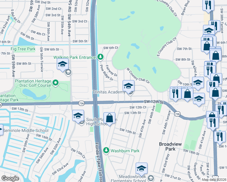 map of restaurants, bars, coffee shops, grocery stores, and more near 5011 Southwest 11th Street in Plantation