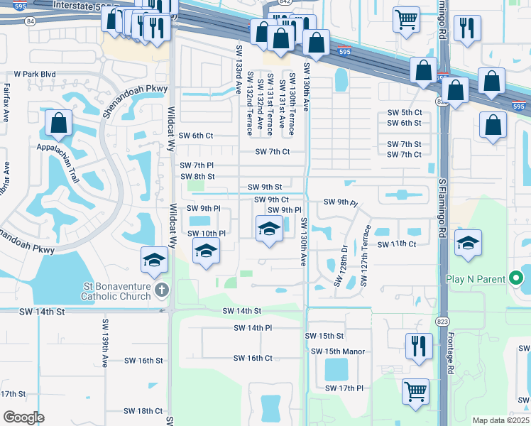 map of restaurants, bars, coffee shops, grocery stores, and more near 912 Southwest 132nd Terrace in Davie