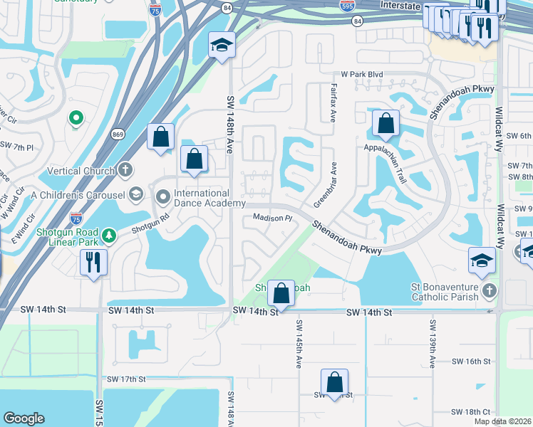 map of restaurants, bars, coffee shops, grocery stores, and more near 14711 Madison Place in Davie