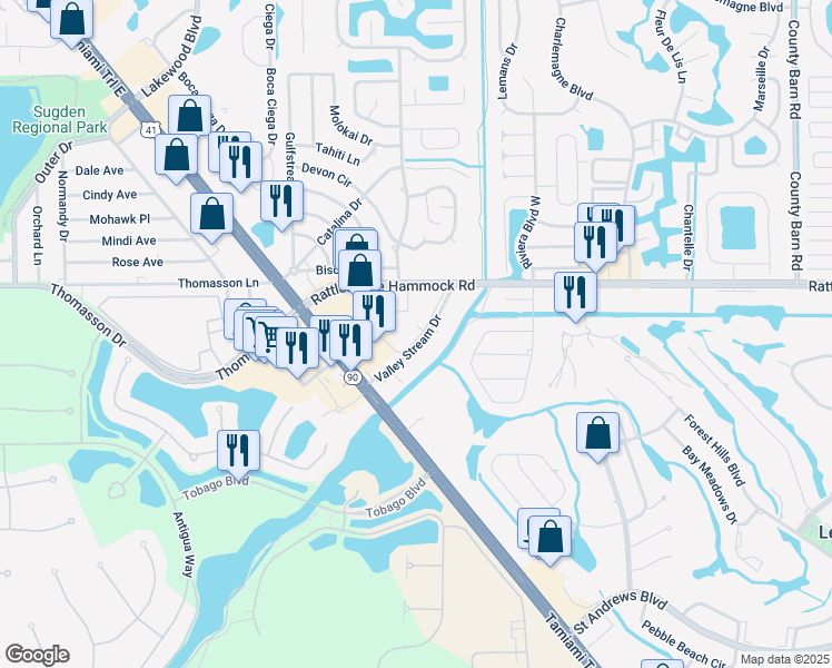 map of restaurants, bars, coffee shops, grocery stores, and more near 400 Valley Stream Drive in Naples