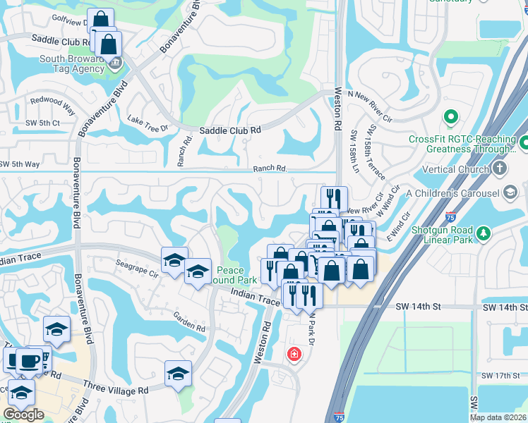 map of restaurants, bars, coffee shops, grocery stores, and more near 1044 Woodfall Court in Weston