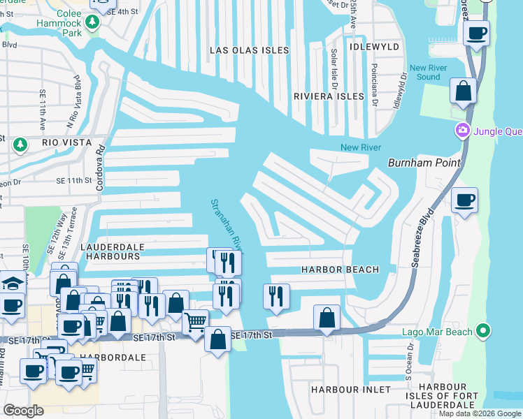 map of restaurants, bars, coffee shops, grocery stores, and more near 2413 Laguna Drive in Fort Lauderdale