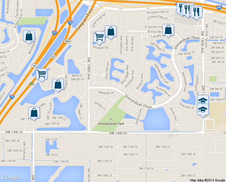 map of restaurants, bars, coffee shops, grocery stores, and more near 14601 Madison Place in Davie