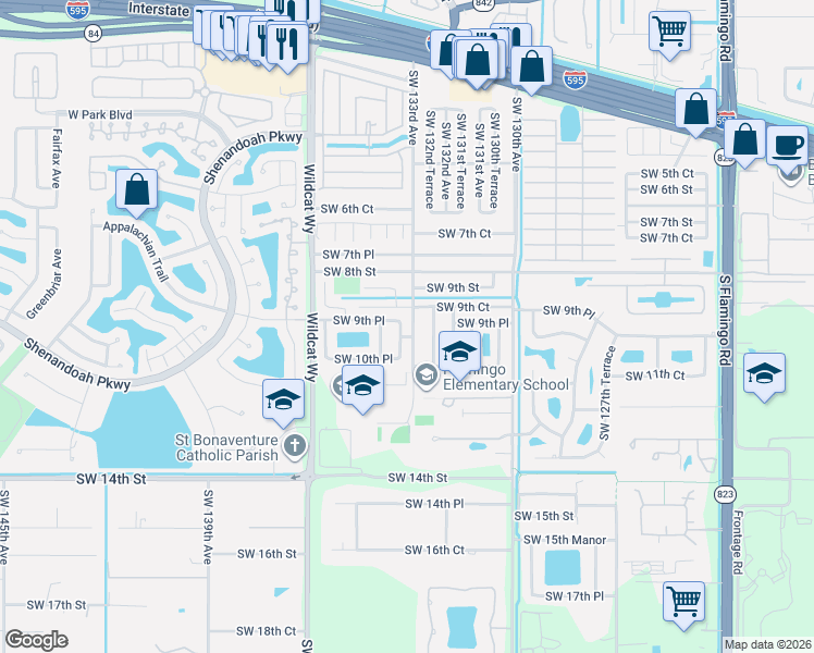 map of restaurants, bars, coffee shops, grocery stores, and more near 960 Southwest 133rd Terrace in Davie