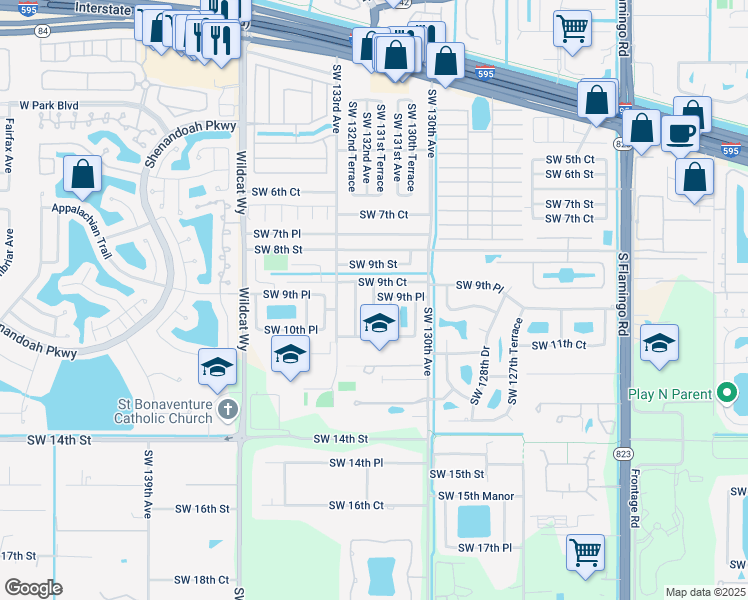 map of restaurants, bars, coffee shops, grocery stores, and more near 912 Southwest 132nd Terrace in Davie