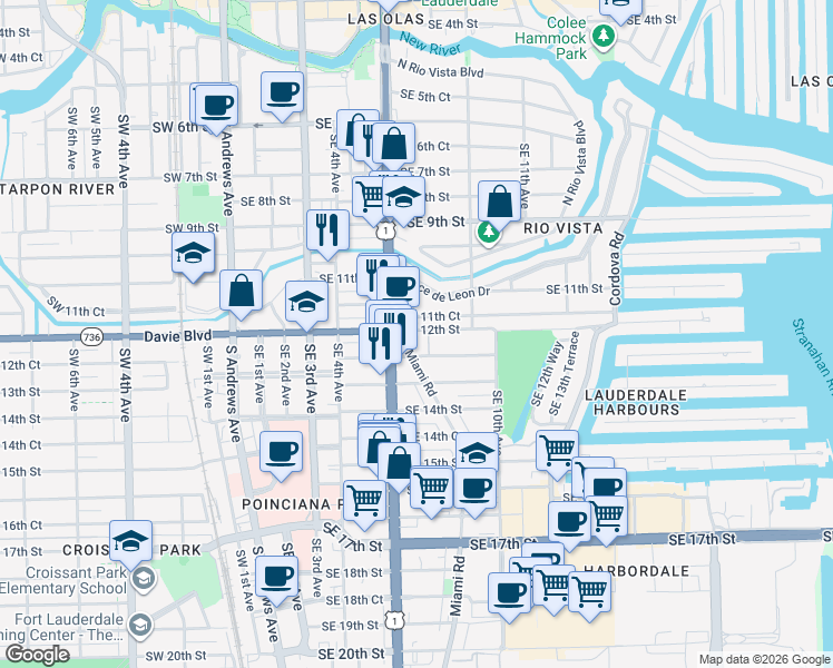 map of restaurants, bars, coffee shops, grocery stores, and more near 702 Southeast 12th Street in Fort Lauderdale