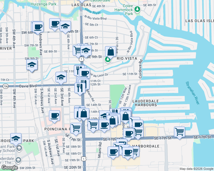 map of restaurants, bars, coffee shops, grocery stores, and more near 916 Southeast 12th Street in Fort Lauderdale