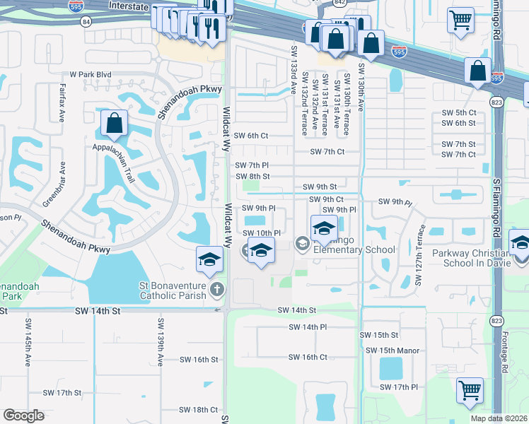 map of restaurants, bars, coffee shops, grocery stores, and more near 13430 Southwest 9th Place in Davie