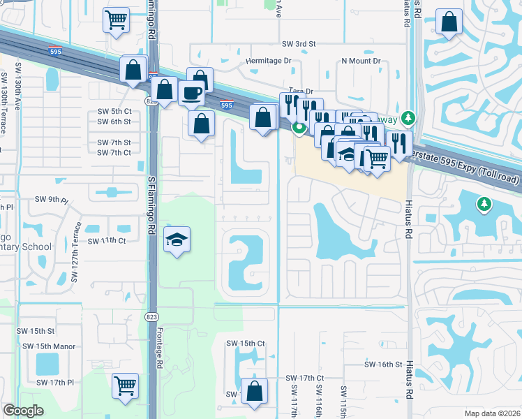 map of restaurants, bars, coffee shops, grocery stores, and more near 11862 Southwest 9th Manor in Davie
