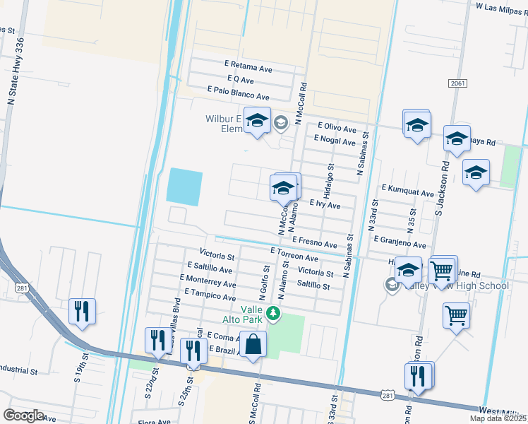 map of restaurants, bars, coffee shops, grocery stores, and more near 2603 Granjeno Avenue in Hidalgo
