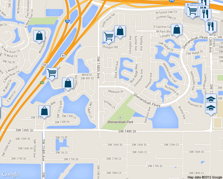 map of restaurants, bars, coffee shops, grocery stores, and more near 14711 Madison Place in Davie