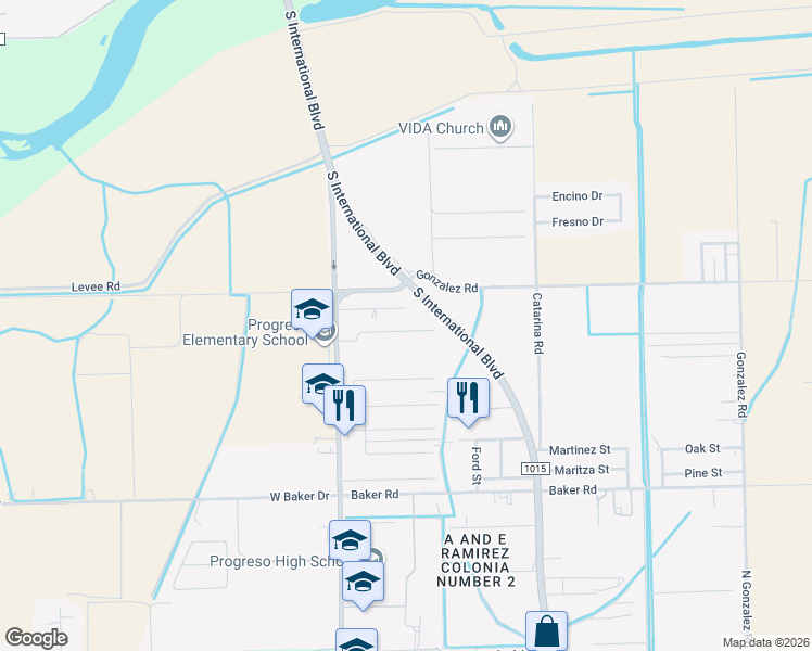 map of restaurants, bars, coffee shops, grocery stores, and more near 319 M Flores Street in Weslaco