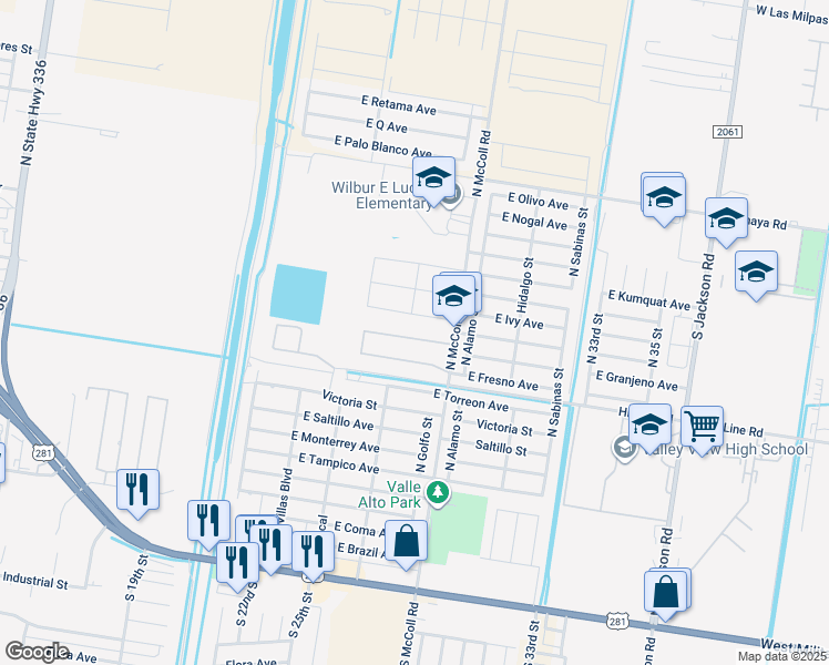 map of restaurants, bars, coffee shops, grocery stores, and more near 2603 Granjeno Avenue in Hidalgo