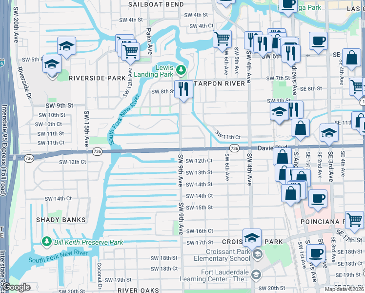 map of restaurants, bars, coffee shops, grocery stores, and more near 1140 Southwest 9th Avenue in Fort Lauderdale
