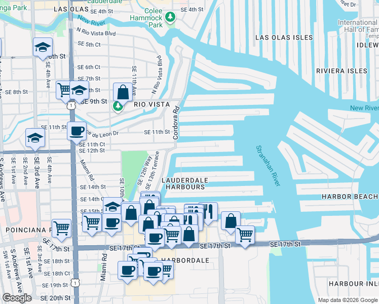 map of restaurants, bars, coffee shops, grocery stores, and more near 1532 Southeast 12th Street in Fort Lauderdale