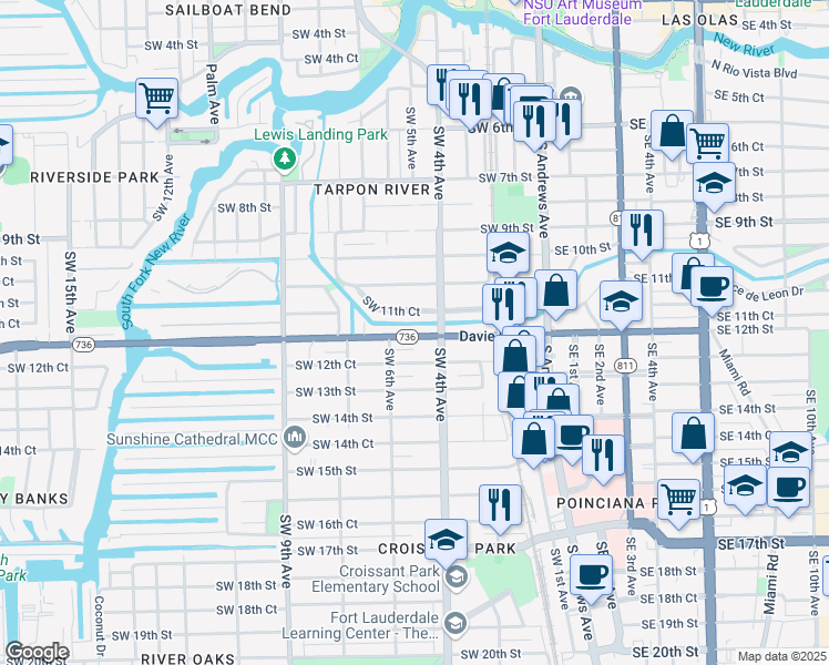 map of restaurants, bars, coffee shops, grocery stores, and more near 423 Davie Boulevard in Fort Lauderdale