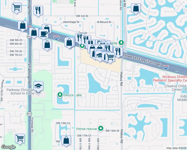map of restaurants, bars, coffee shops, grocery stores, and more near 11469 Southwest 10th Court in Davie