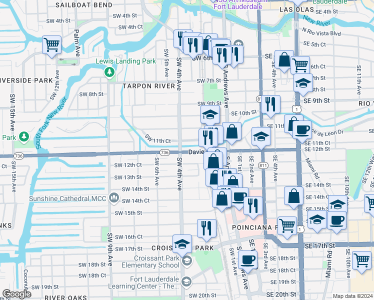 map of restaurants, bars, coffee shops, grocery stores, and more near 311 Davie Boulevard in Fort Lauderdale