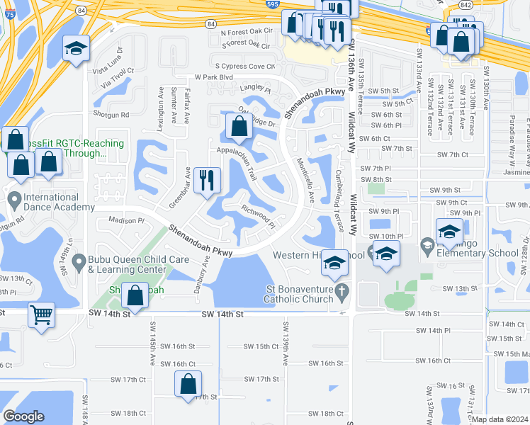 map of restaurants, bars, coffee shops, grocery stores, and more near 14031 Richwood Place in Davie