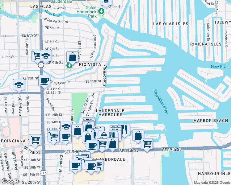 map of restaurants, bars, coffee shops, grocery stores, and more near 1532 Southeast 12th Street in Fort Lauderdale