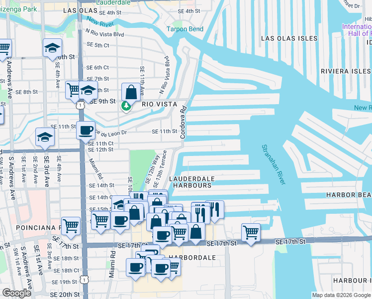 map of restaurants, bars, coffee shops, grocery stores, and more near 1412 Southeast 12th Street in Fort Lauderdale