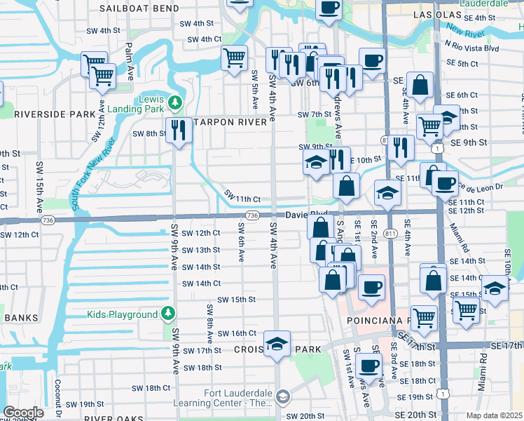 map of restaurants, bars, coffee shops, grocery stores, and more near 423 Davie Boulevard in Fort Lauderdale
