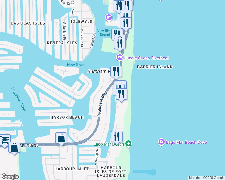 map of restaurants, bars, coffee shops, grocery stores, and more near 1214 Seabreeze Boulevard in Fort Lauderdale