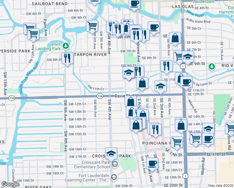 map of restaurants, bars, coffee shops, grocery stores, and more near 311 Davie Boulevard in Fort Lauderdale