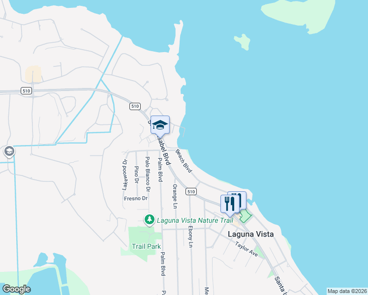 map of restaurants, bars, coffee shops, grocery stores, and more near 1402 Beach Boulevard in Laguna Vista