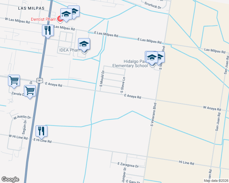 map of restaurants, bars, coffee shops, grocery stores, and more near 715 East Anaya Road in Pharr