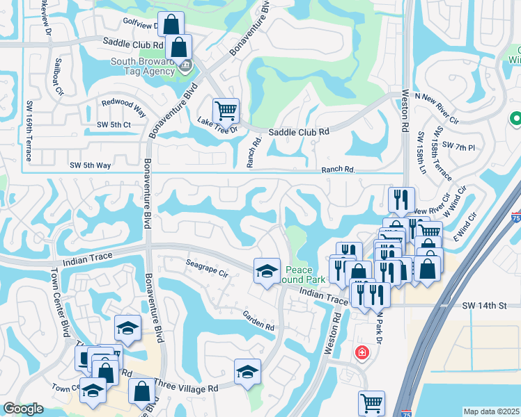 map of restaurants, bars, coffee shops, grocery stores, and more near 1091 Deerwood Lane in Weston