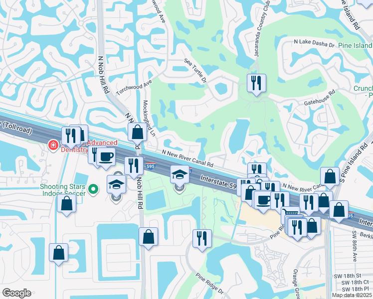 map of restaurants, bars, coffee shops, grocery stores, and more near 9723 North New River Canal Road in Plantation