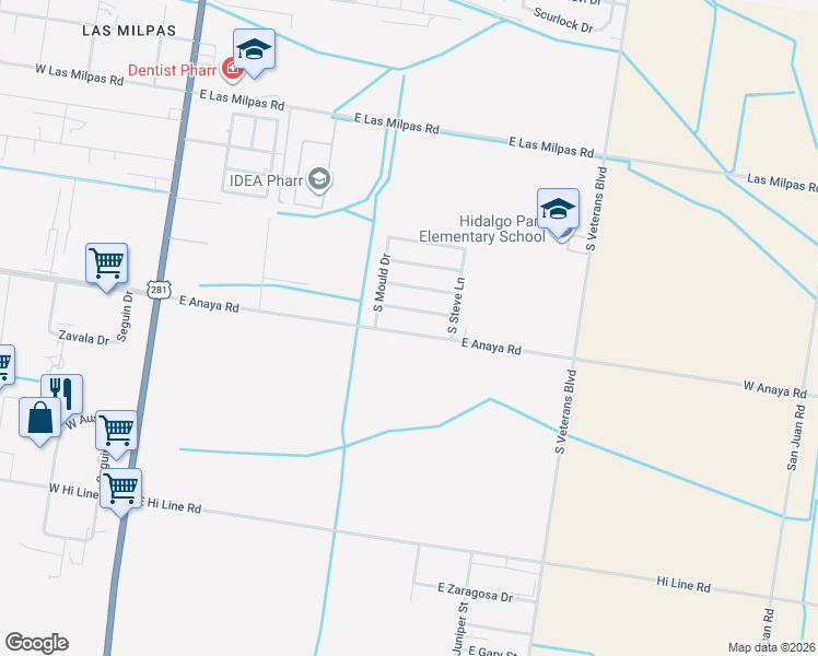 map of restaurants, bars, coffee shops, grocery stores, and more near 715 East Anaya Road in Pharr