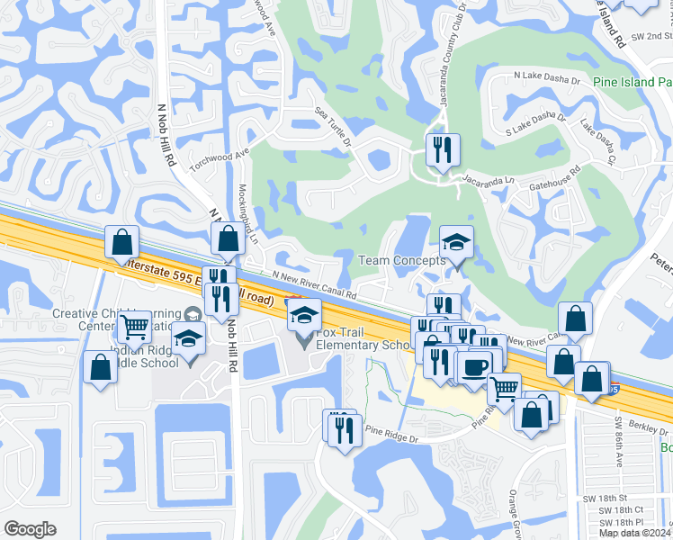 map of restaurants, bars, coffee shops, grocery stores, and more near 205 North River Road in Plantation