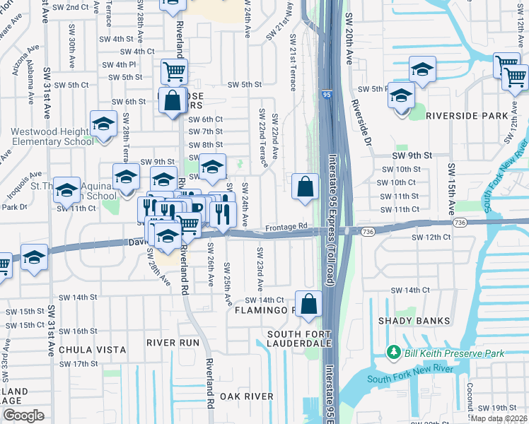 map of restaurants, bars, coffee shops, grocery stores, and more near 1117 Southwest 22nd Terrace in Fort Lauderdale