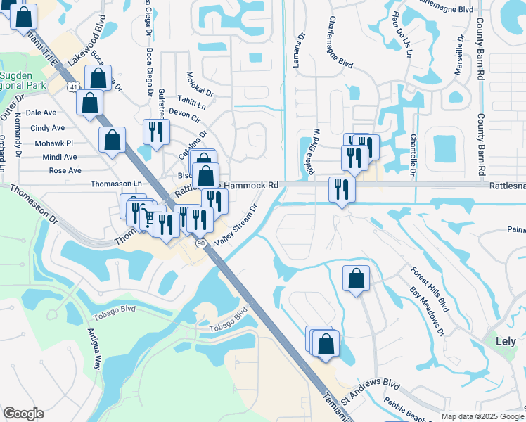 map of restaurants, bars, coffee shops, grocery stores, and more near 300 Valley Stream Drive in Naples