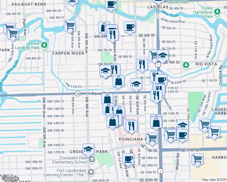 map of restaurants, bars, coffee shops, grocery stores, and more near 1153 South Andrews Avenue in Fort Lauderdale