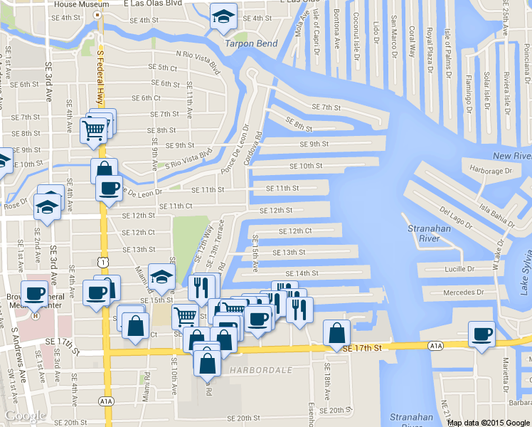 map of restaurants, bars, coffee shops, grocery stores, and more near 1532 Southeast 12th Street in Fort Lauderdale