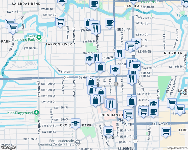 map of restaurants, bars, coffee shops, grocery stores, and more near 1203 South Andrews Avenue in Fort Lauderdale