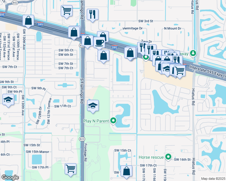map of restaurants, bars, coffee shops, grocery stores, and more near 12004 Southwest 9th Manor in Davie