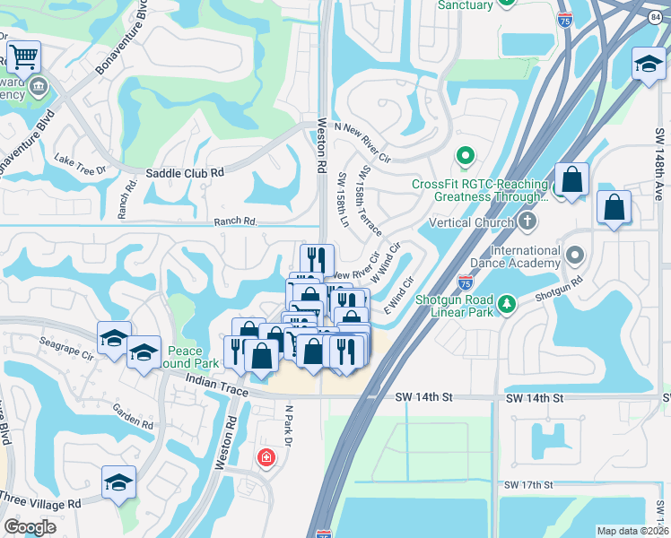 map of restaurants, bars, coffee shops, grocery stores, and more near 1020 Weston Road in Weston