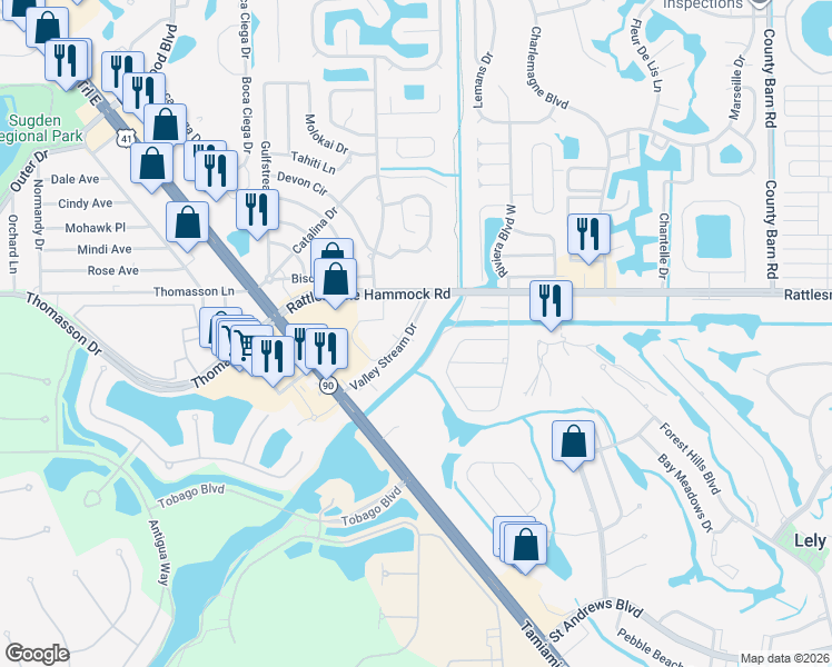 map of restaurants, bars, coffee shops, grocery stores, and more near 400 Valley Stream Drive in Naples