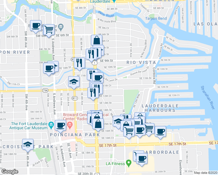 map of restaurants, bars, coffee shops, grocery stores, and more near 816 Southeast 12th Street in Fort Lauderdale