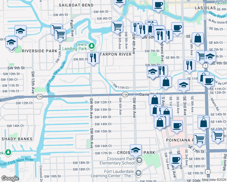 map of restaurants, bars, coffee shops, grocery stores, and more near 613 Southwest 12th Street in Fort Lauderdale