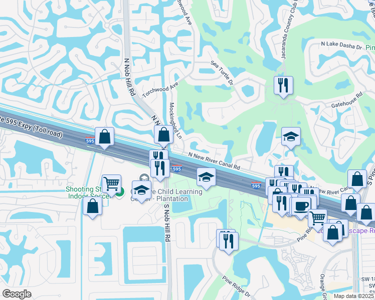 map of restaurants, bars, coffee shops, grocery stores, and more near 9727 North New River Canal Road in Plantation