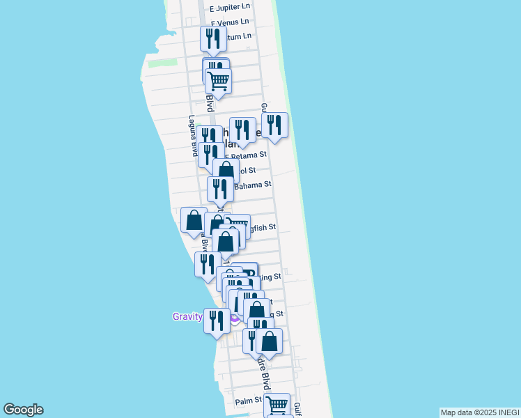 map of restaurants, bars, coffee shops, grocery stores, and more near 114b East Acapulco Street in South Padre Island