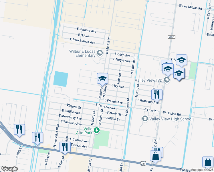 map of restaurants, bars, coffee shops, grocery stores, and more near 2901 Huisache Avenue in Hidalgo